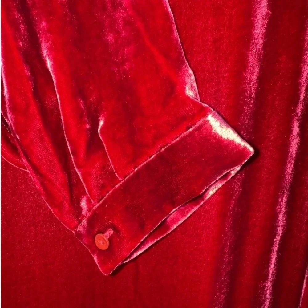 Eileen Fisher Large Ruby Red Crew Neck Long Sleeve Velvet Knee Length Dress NWT‎